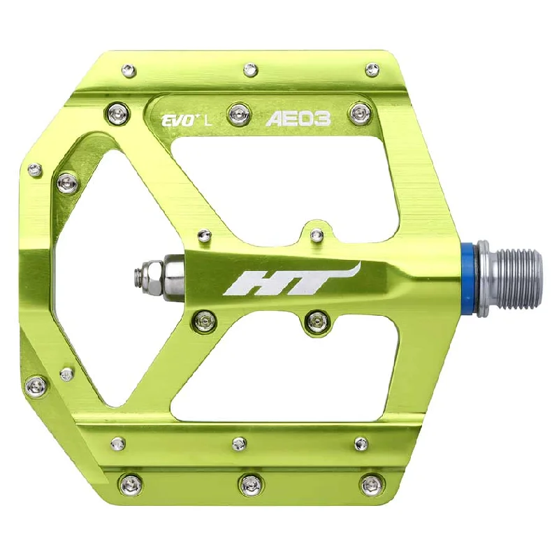 Bicycle riding shoes with guards system-HT Components AE03 EVO+ Platform Pedals Body: Aluminum Spindle: Cr-Mo 9/16 Green Pair