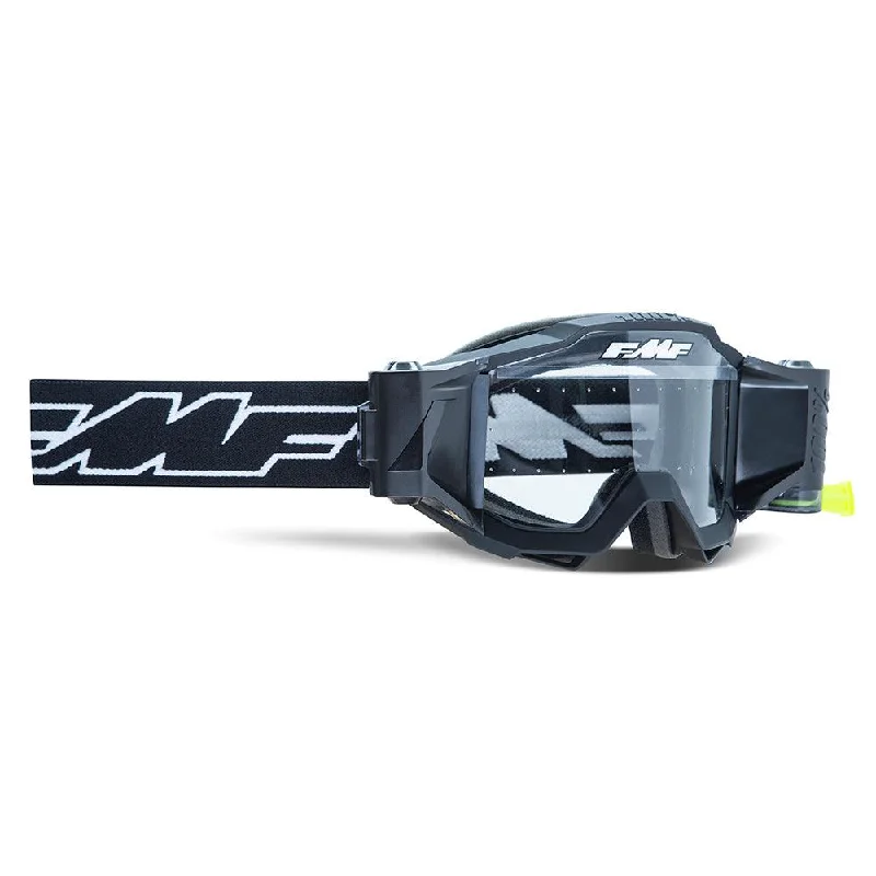 Bike helmet with side vents-FMF POWERBOMB FILM SYSTEM GOGGLE - ROCKET BLACK CLEAR W/ ANTI STICK DOTS