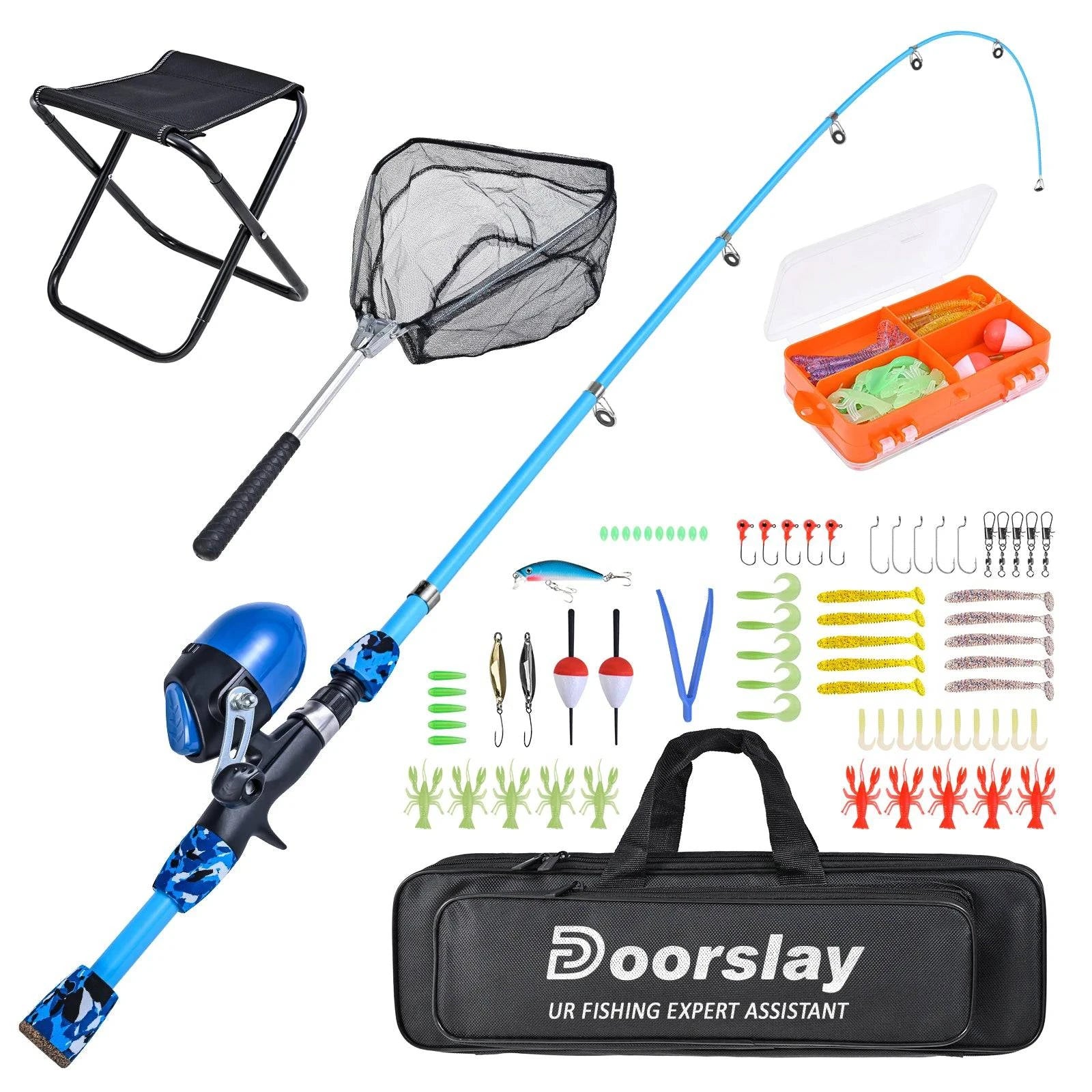 Cycling shorts with back logos-Kids Fishing Rod and Reel Combo with Collapsible Fishing Stool Landing Net Telescopic Fishing Pole Tackle Box Accessories