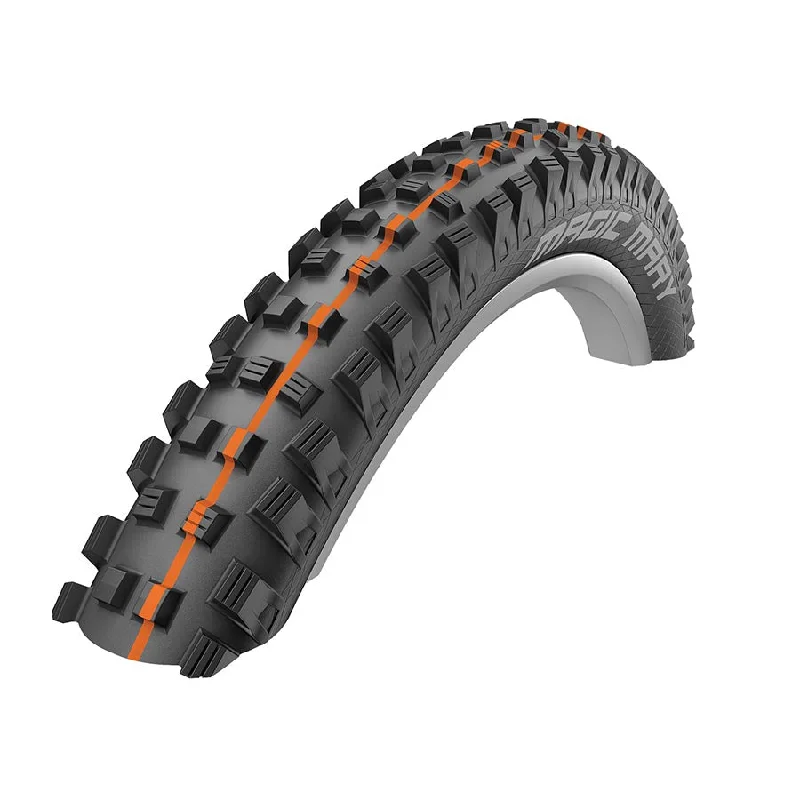 Bike shoes with front logos-Schwalbe Magic Mary Addix Mountain Tire 27.5"x2.40 Folding Tubeless Ready Addix Soft Super Gravity 67TPI Bronze