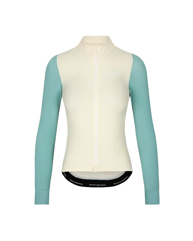 Bicycle jersey with front guards-Women's Mechanism Long Sleeve Jersey - Off White / Light Teal